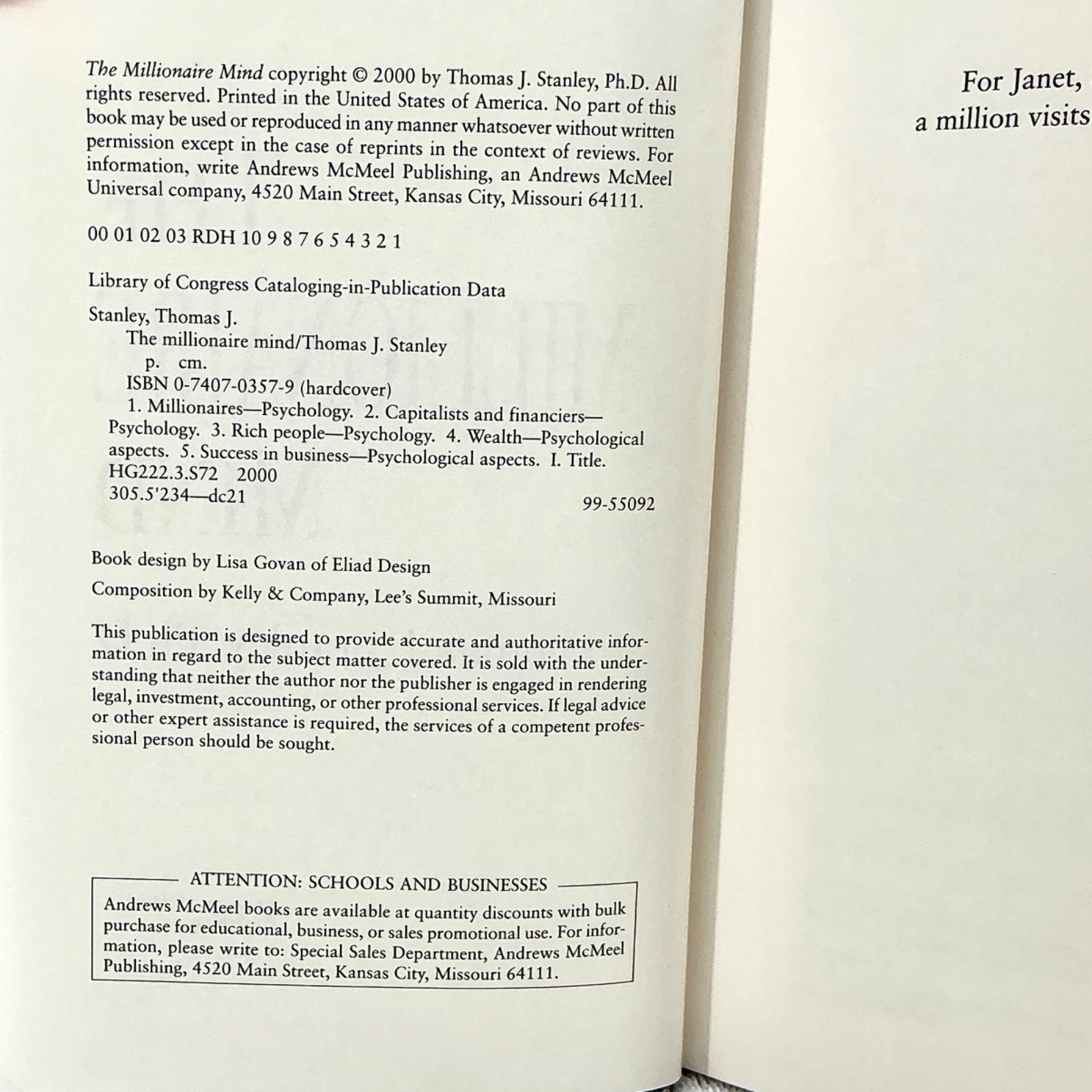 The Millionaire Mind – Thomas J. Stanley – 2000 Andrews McMeel Publishing