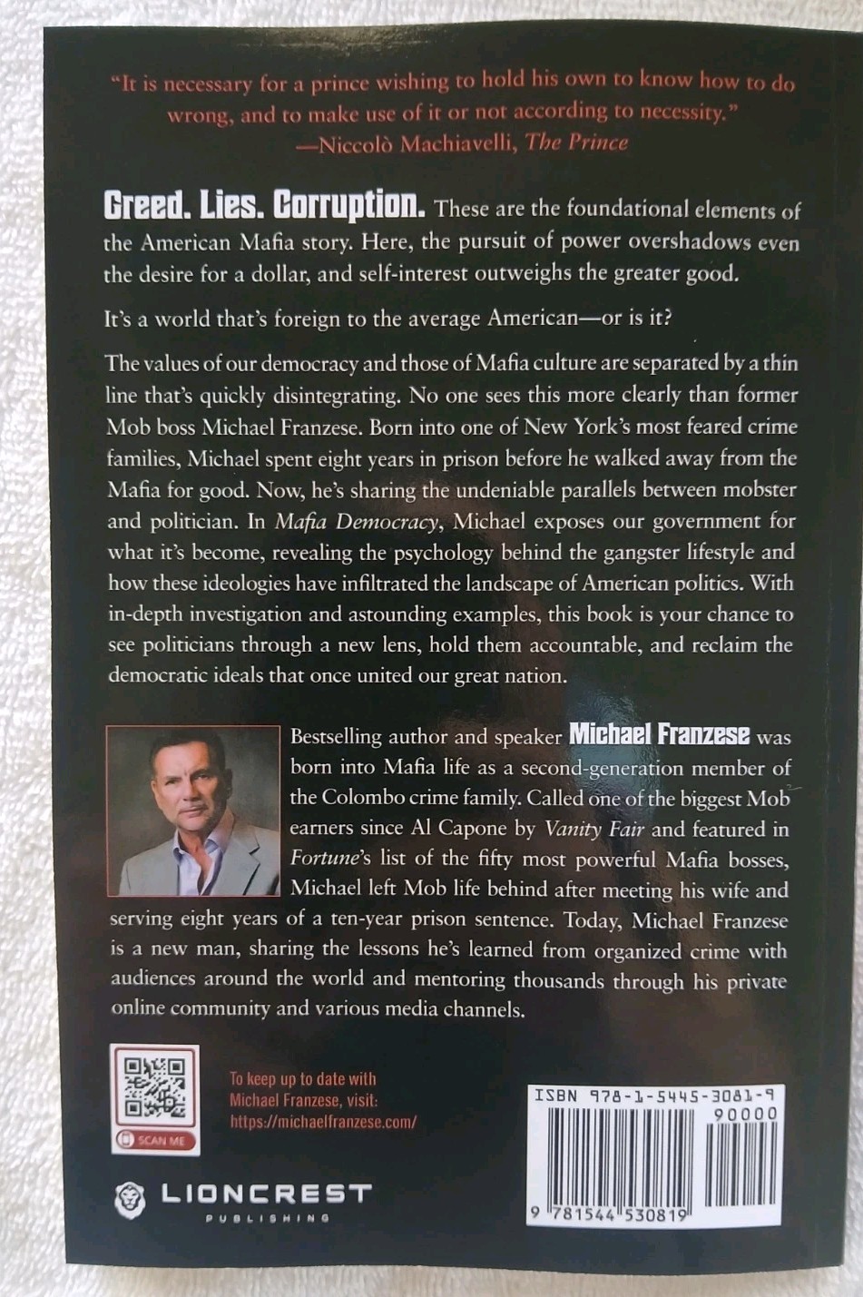 Michael Franzese Cosa Nostra Hand Signed Mafia Democracy Book
