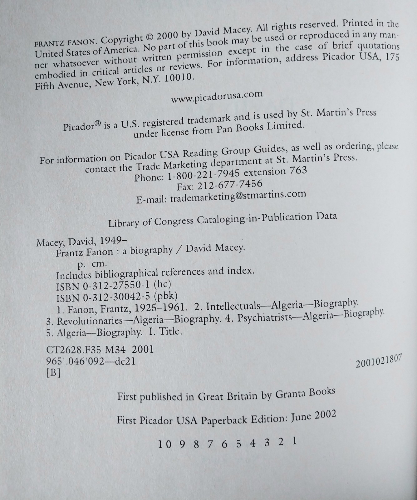David Macey – Frantz Fanon – A Biography – Picador First Paperback Edition 2002