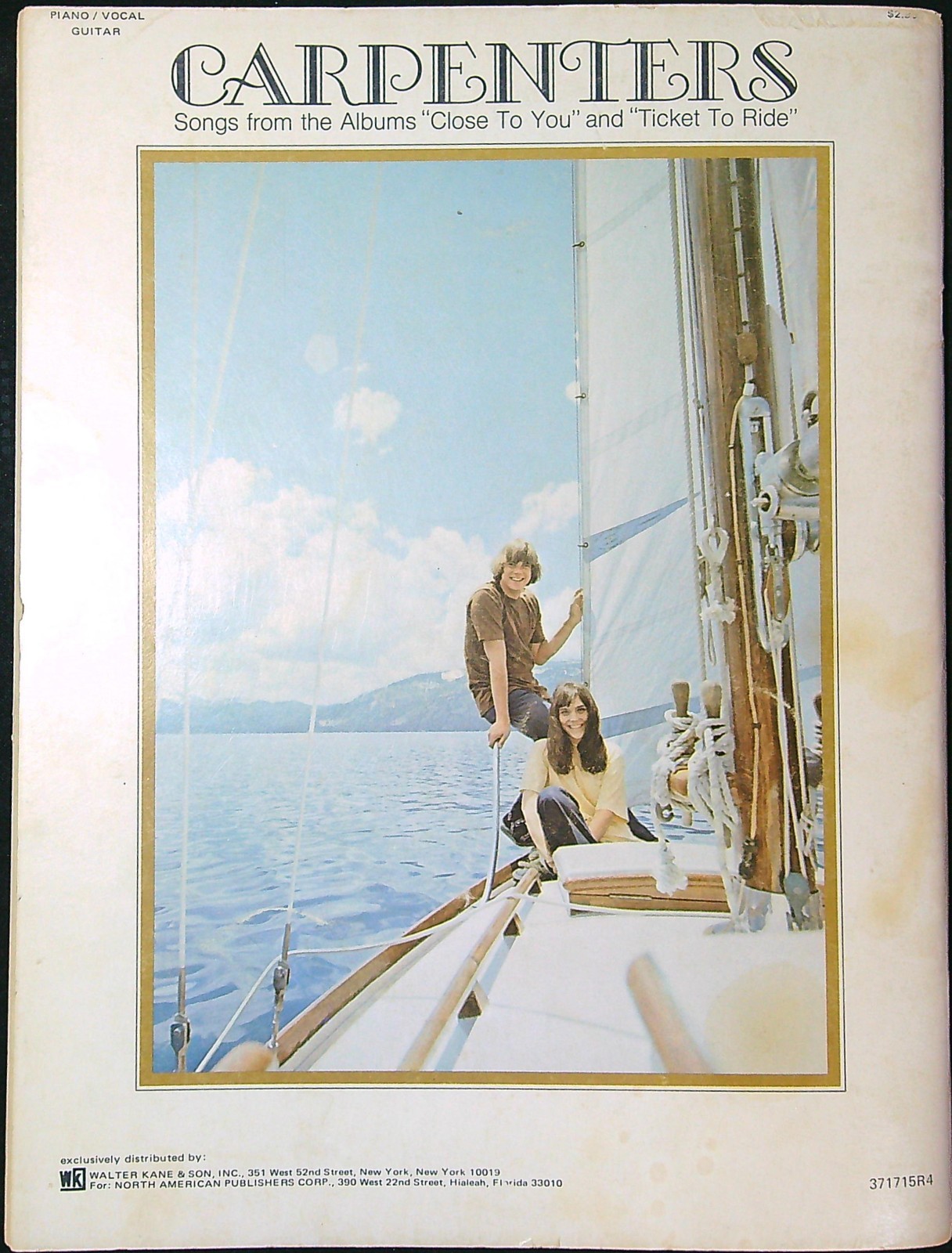 Carpenters Close To You Ticket To Ride 1969 Vintage Piano Vocal Music Book 838a