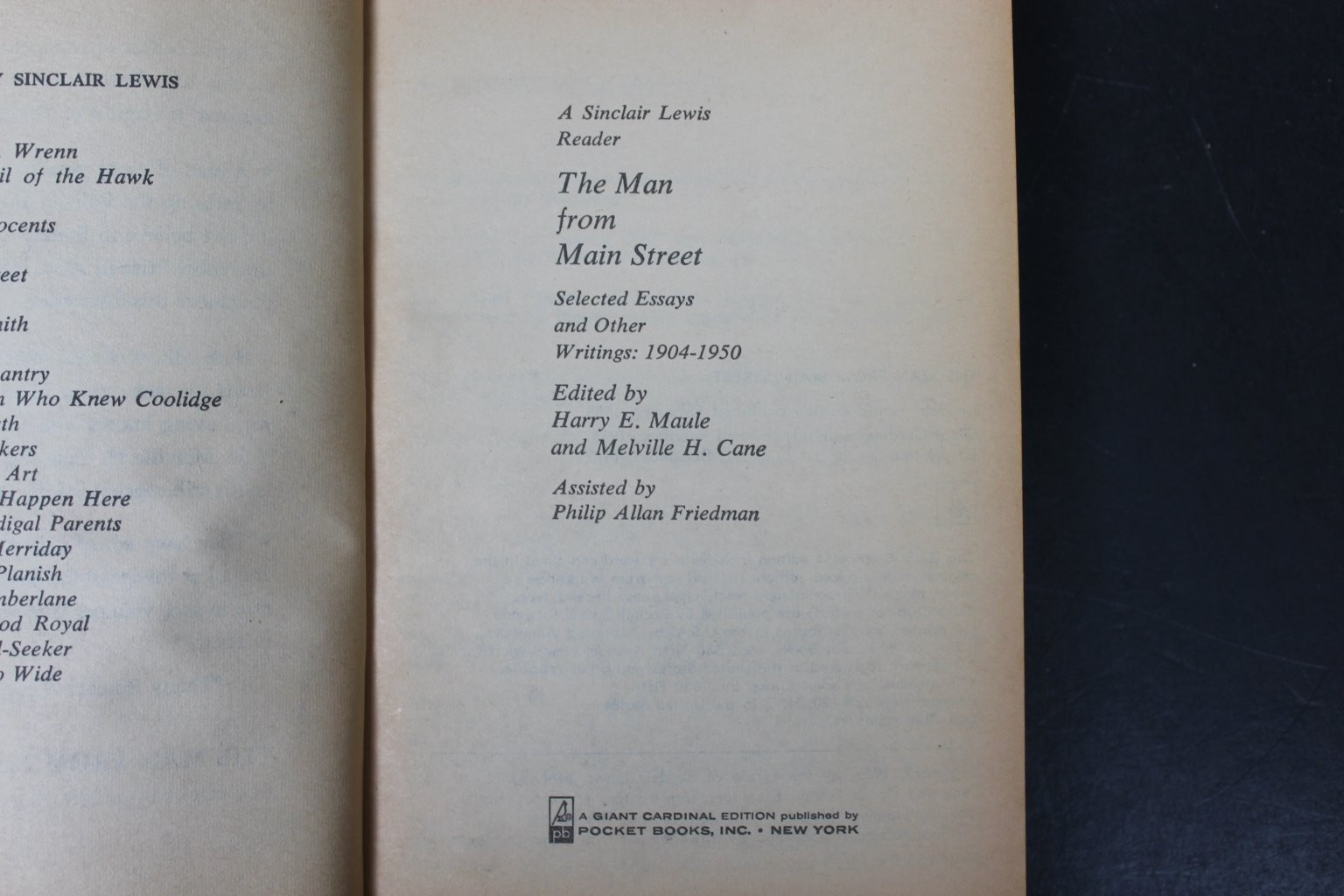Sinclair Lewis Reader The Man from Main Street 1962 Giant Cardinal Essays PB