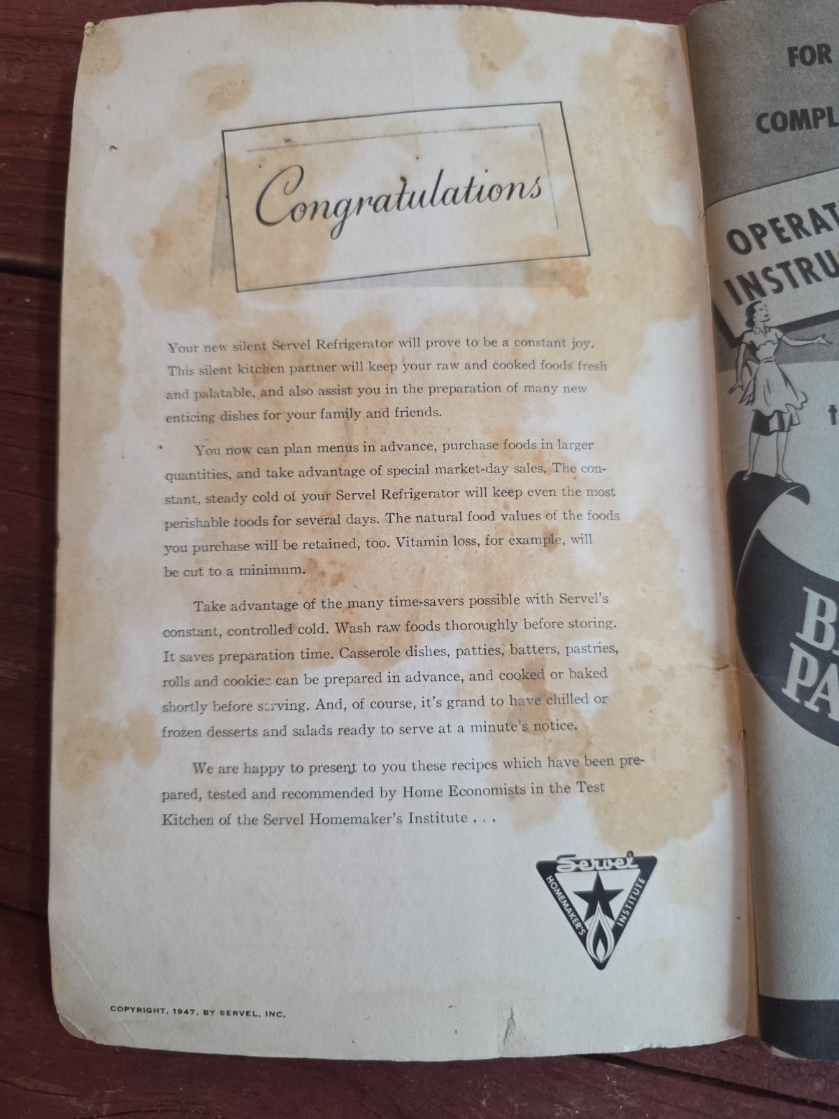 Servel Gas Refrigerator Operating Instruction How to Use Recipes 1947 c1940 8×5