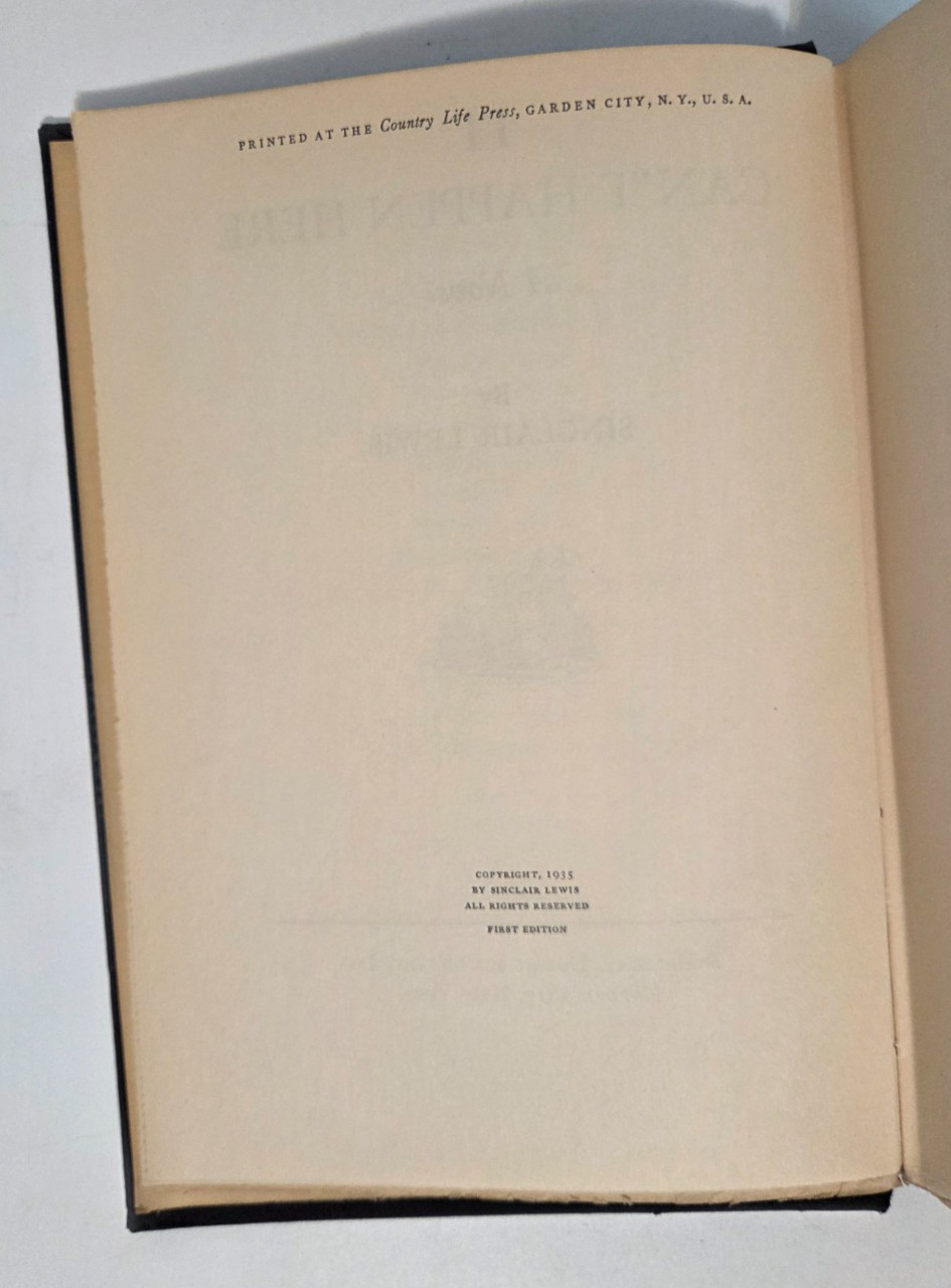 It Can’t Happen Here — Sinclair Lewis | 1st Ed 1935 Doubleday, Doran HC