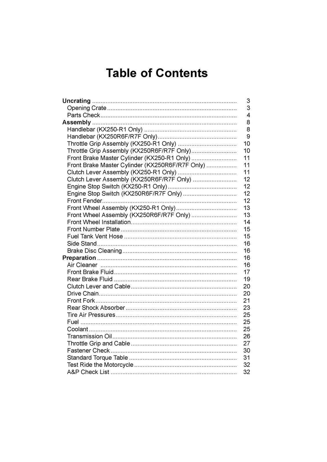 KAWASAKI KX250 Motorcycle Assembly Preparation Manual – SPIRAL BIND – COVERS