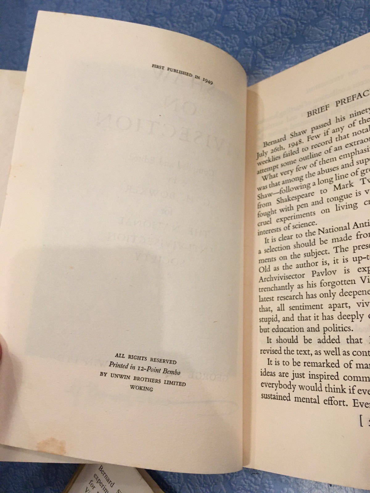 GEORGE BERNARD SHAW On Vivisection HB Allen & Unwin 1949 animal rights