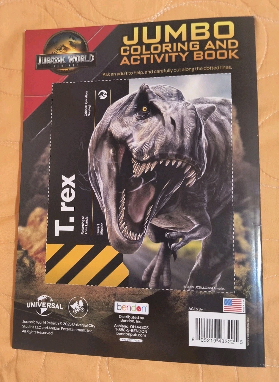 Jurassic World Dinosaurs Coloring/Activity Book with Tear/Share Pages 🆕🆓ship!