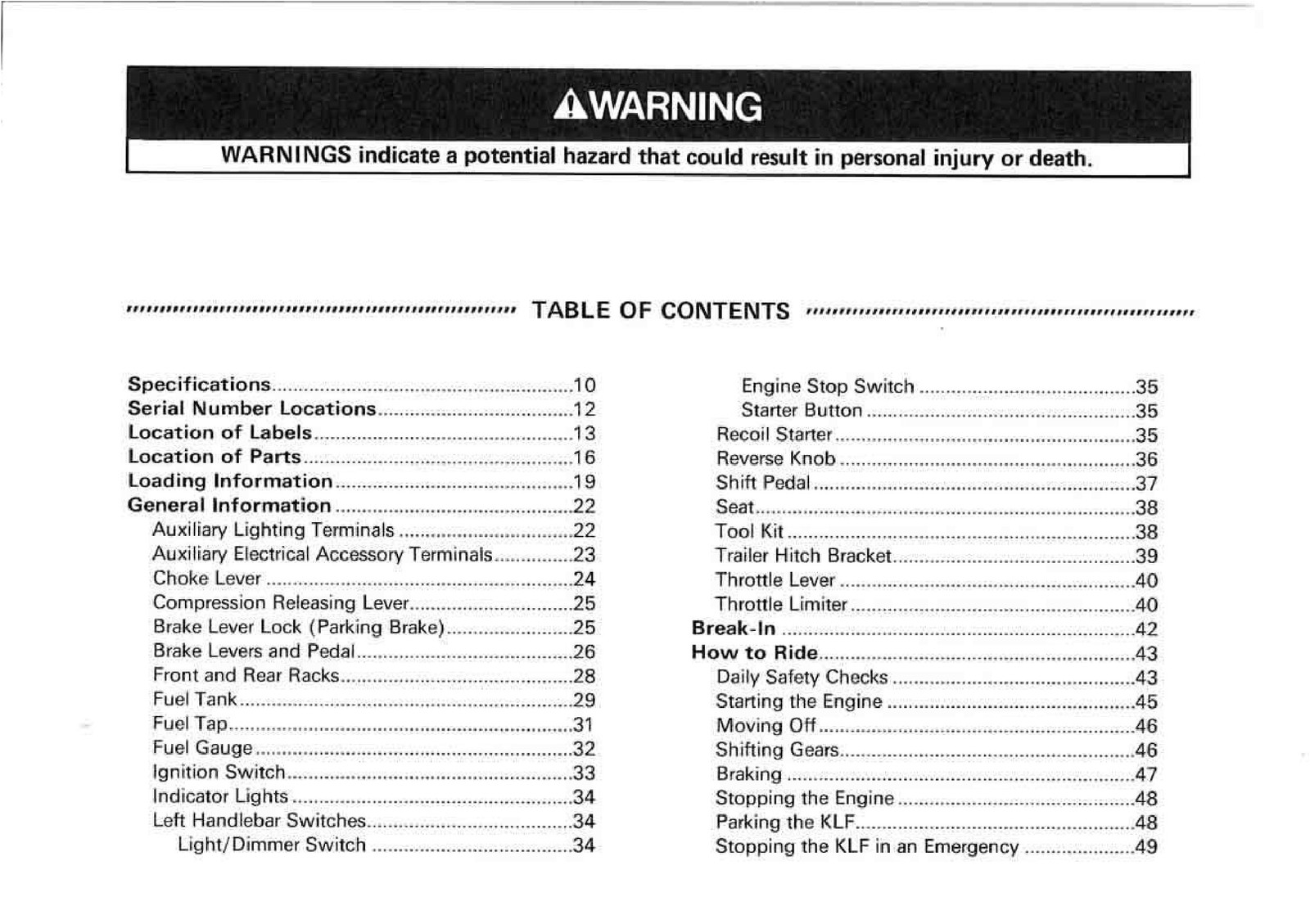 KAWASAKI Bayou 220 Owners Manual 1998 – STEEL WIRE BOUND – PROTECTIVE COVERS