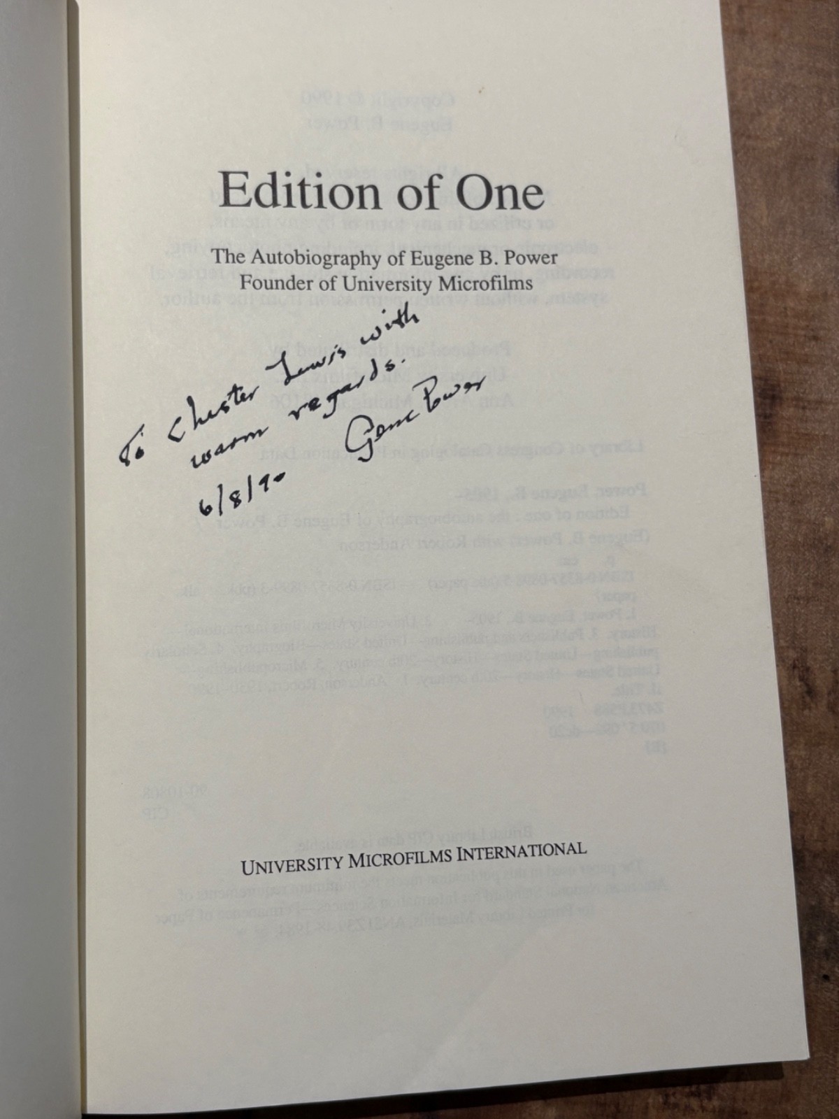 Signed 1st edition Edition Of One Trade PB Eugene B. Power Microfilm