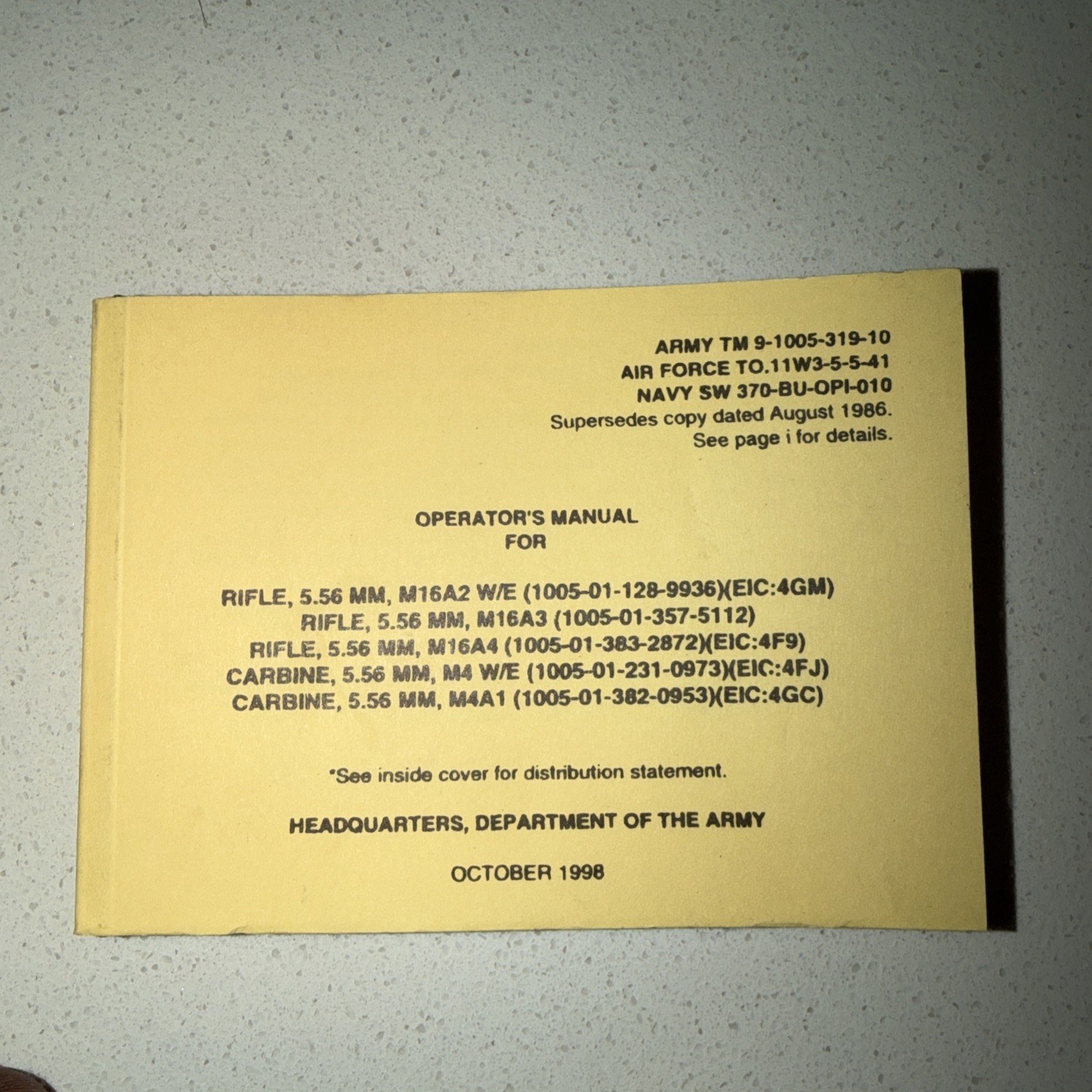 TM9-1005-319-10 M16A2/A3/A4 Operators Manual 1998 Original