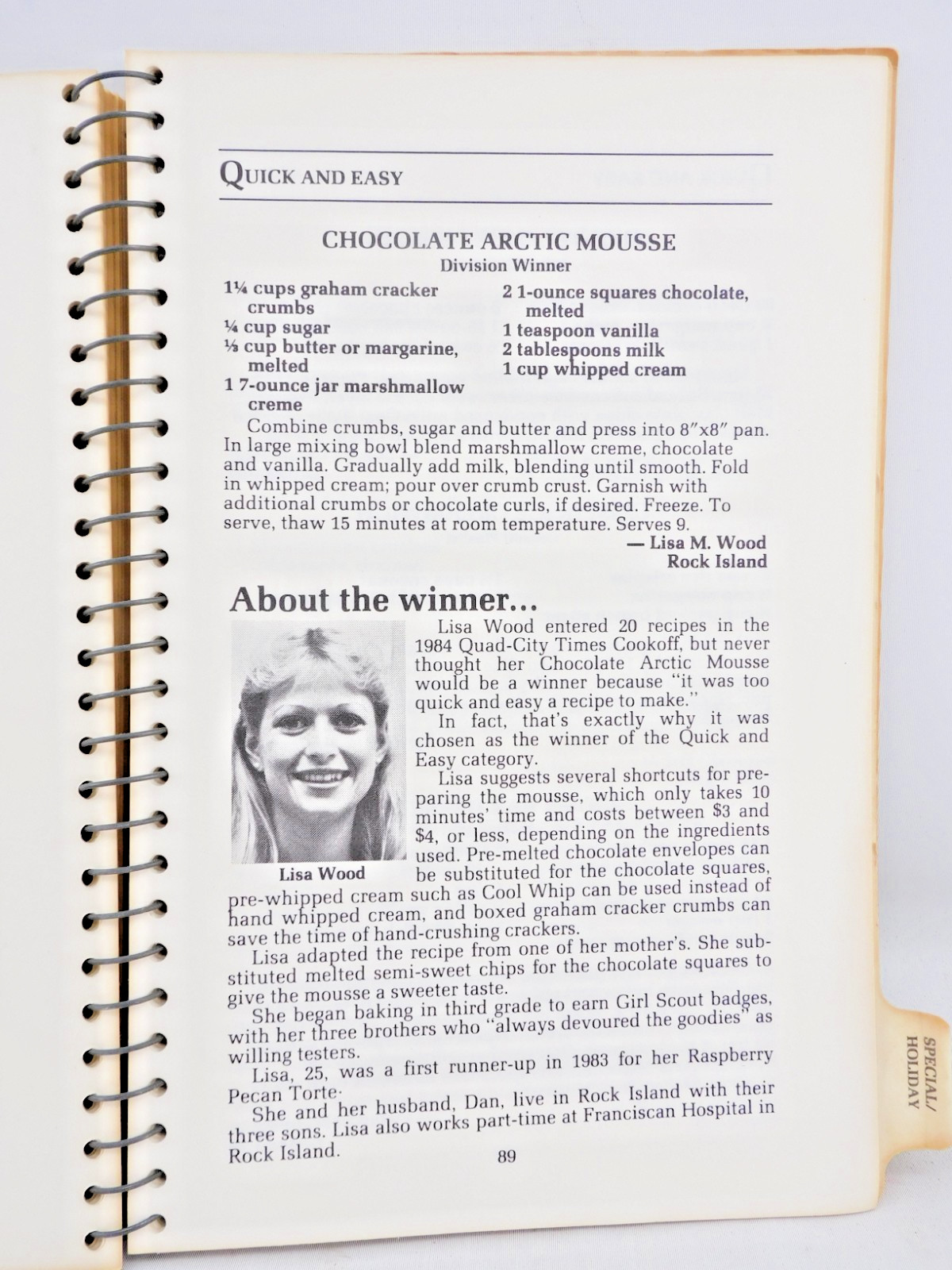 Quad City Times Dessert Cookbook 1984 Sinfully Delicious Spiral Bound 128 Pages
