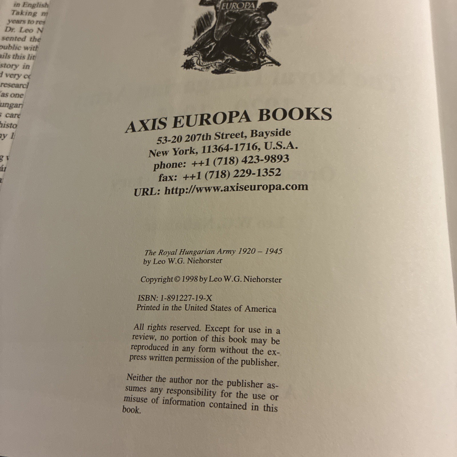 The Royal Hungarian Army, 1920-1945, Volume 1: Organization and History VG*