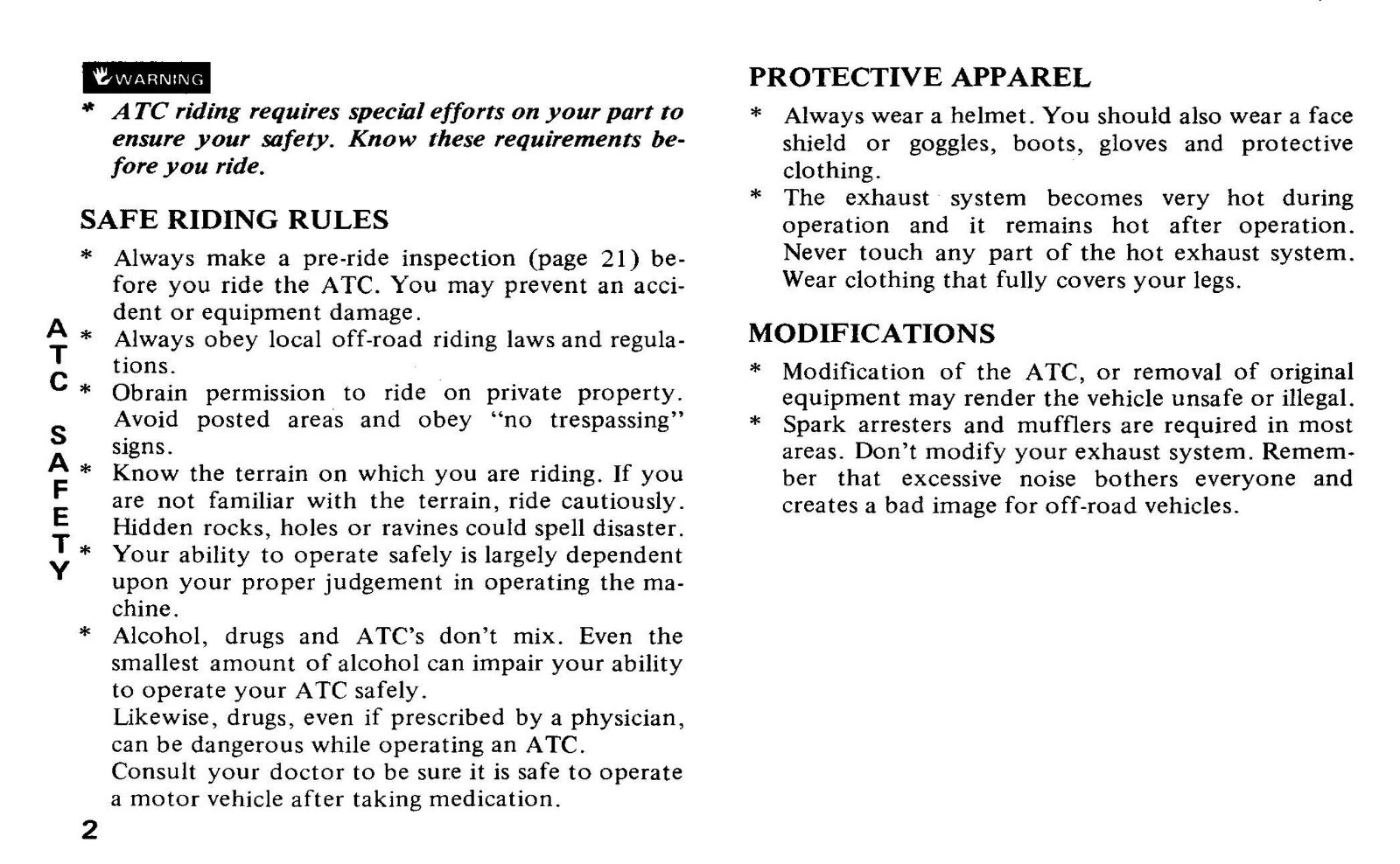 1986 Honda ATC200X Owner’s Manual 68 Pages