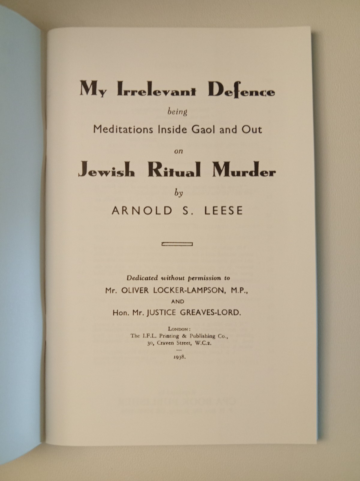 Jewish Ritual Murder by Arnold Leese SB