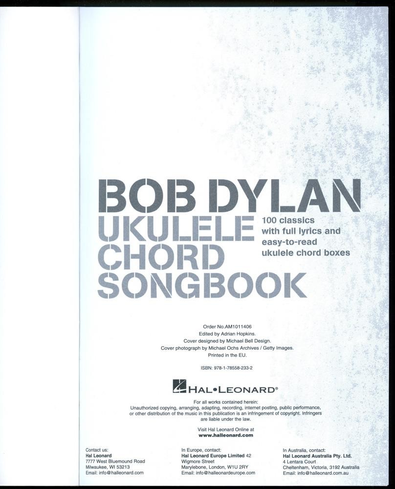 Ukulele Chord Songbook by Bob Dylan (2016, Trade Paperback) Lyrics Chord Boxes