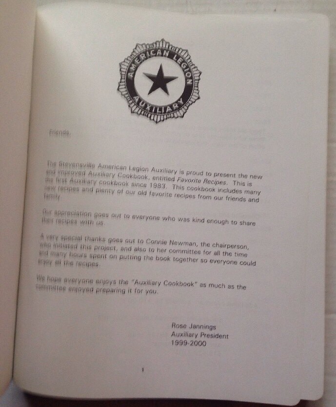 1999 STEVENSVILLE AMERICAN LEGION POST 568 COOKBOOK, STEVENSVILLE, MI, 317 PAGES