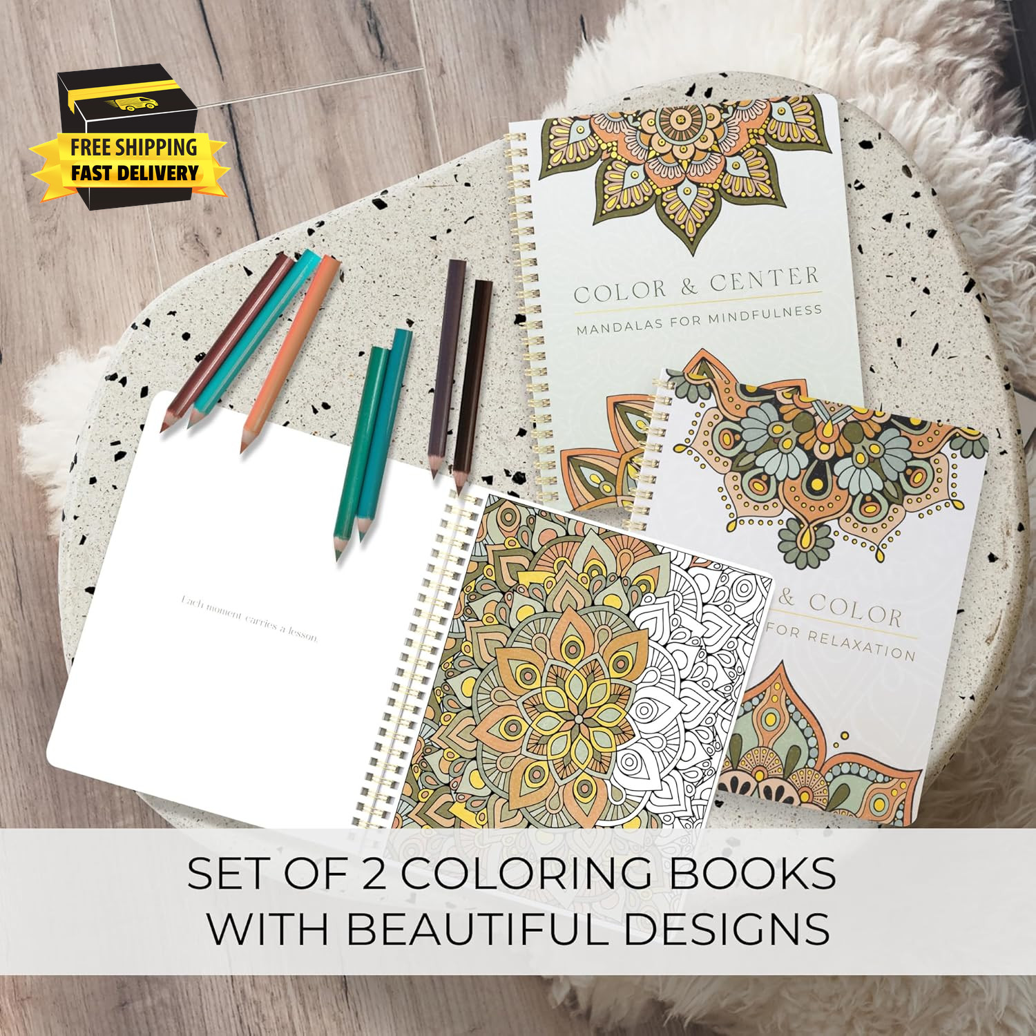 Beautiful Adult Coloring Book Set of 2 for Relaxation – Mandala Coloring Books w