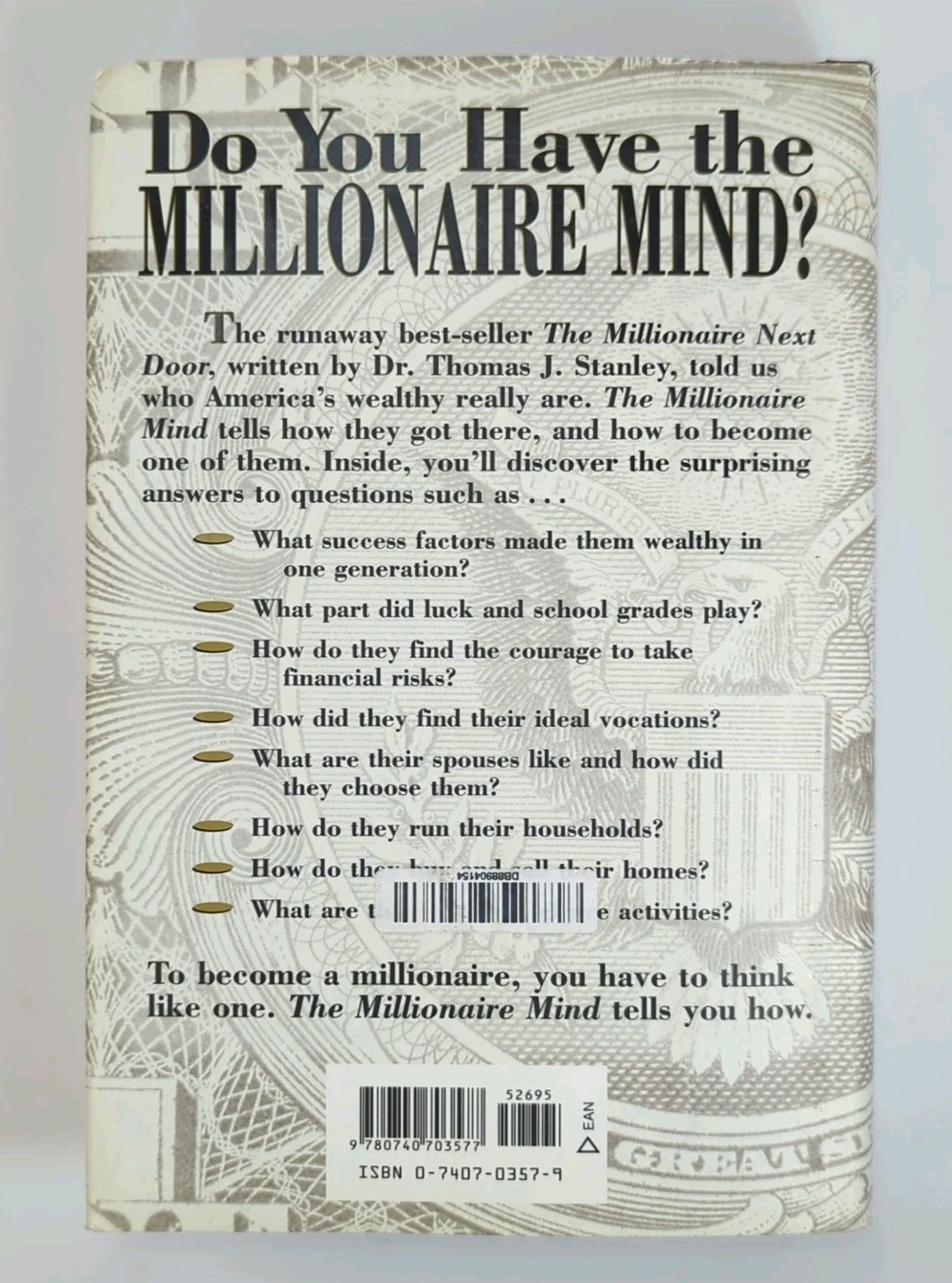 The Millionaire Mind Thomas J. Stanley PhD Hardcover Andrews McMeel 978074070357