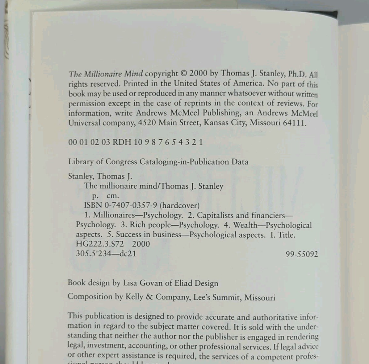 The Millionaire Mind Thomas J. Stanley PhD Hardcover Andrews McMeel 978074070357