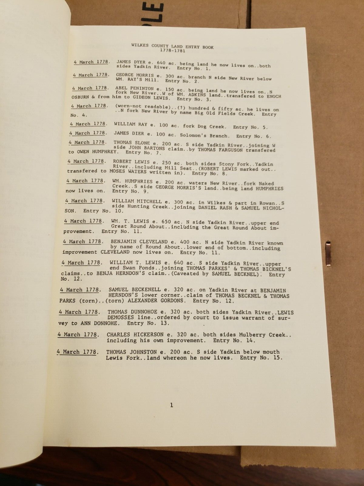 LAND Book WILKES County, NC 1778-1781 by Absher, 126 pages Used 1988 Book