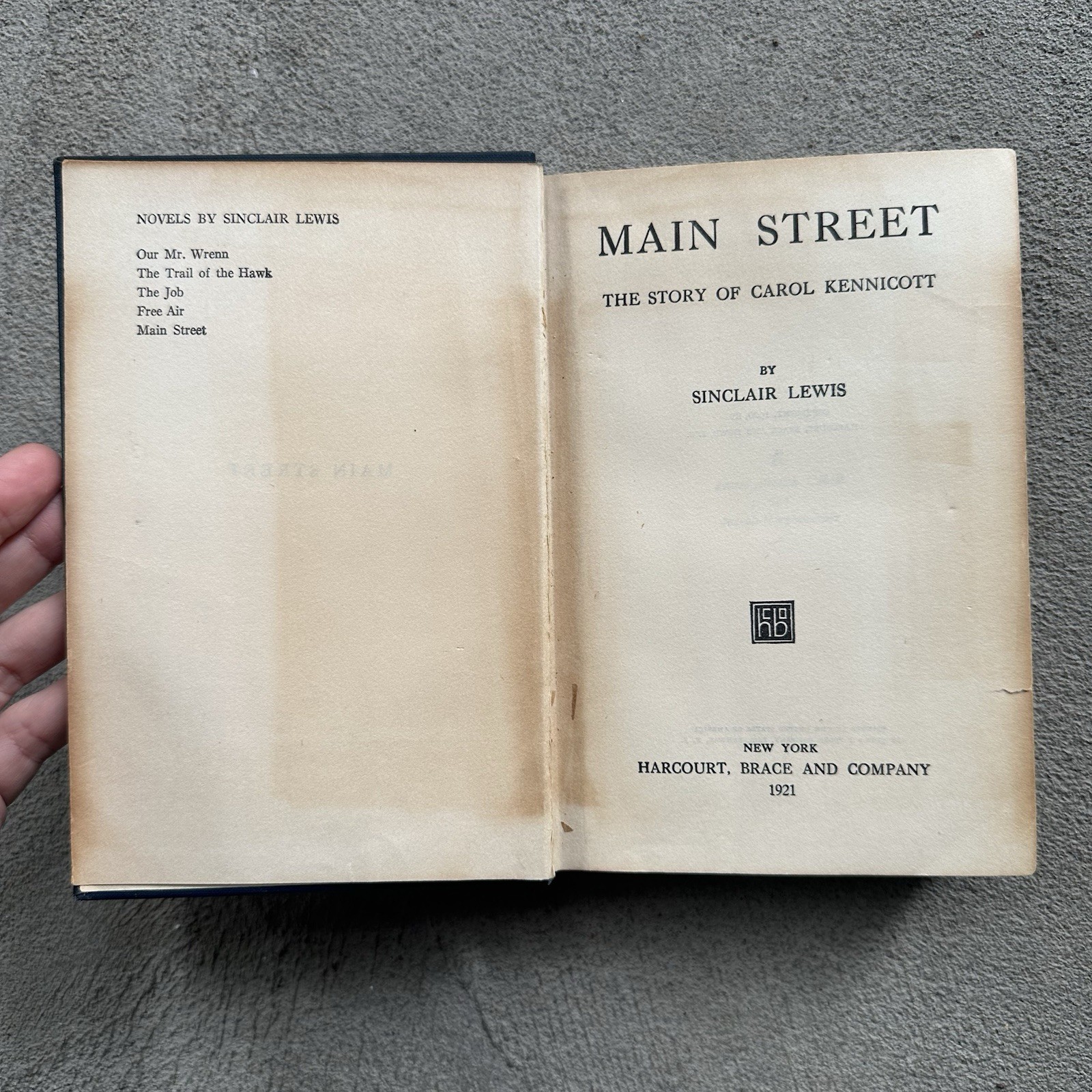 MAIN STREET by Sinclair Lewis Harcourt Brace 1920 Hardcover