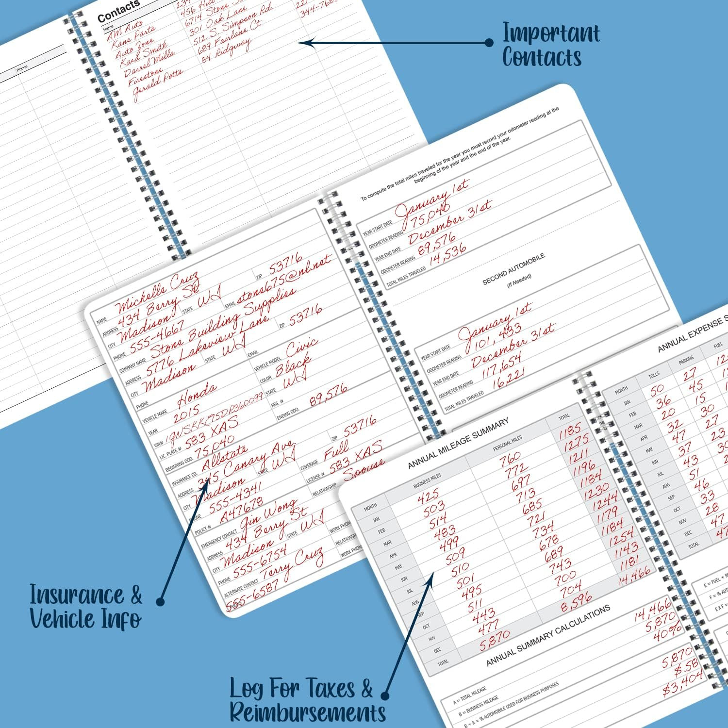 Auto Mileage Log Book Expense Record For Taxes 5×7 Wire O 126 Pages USA