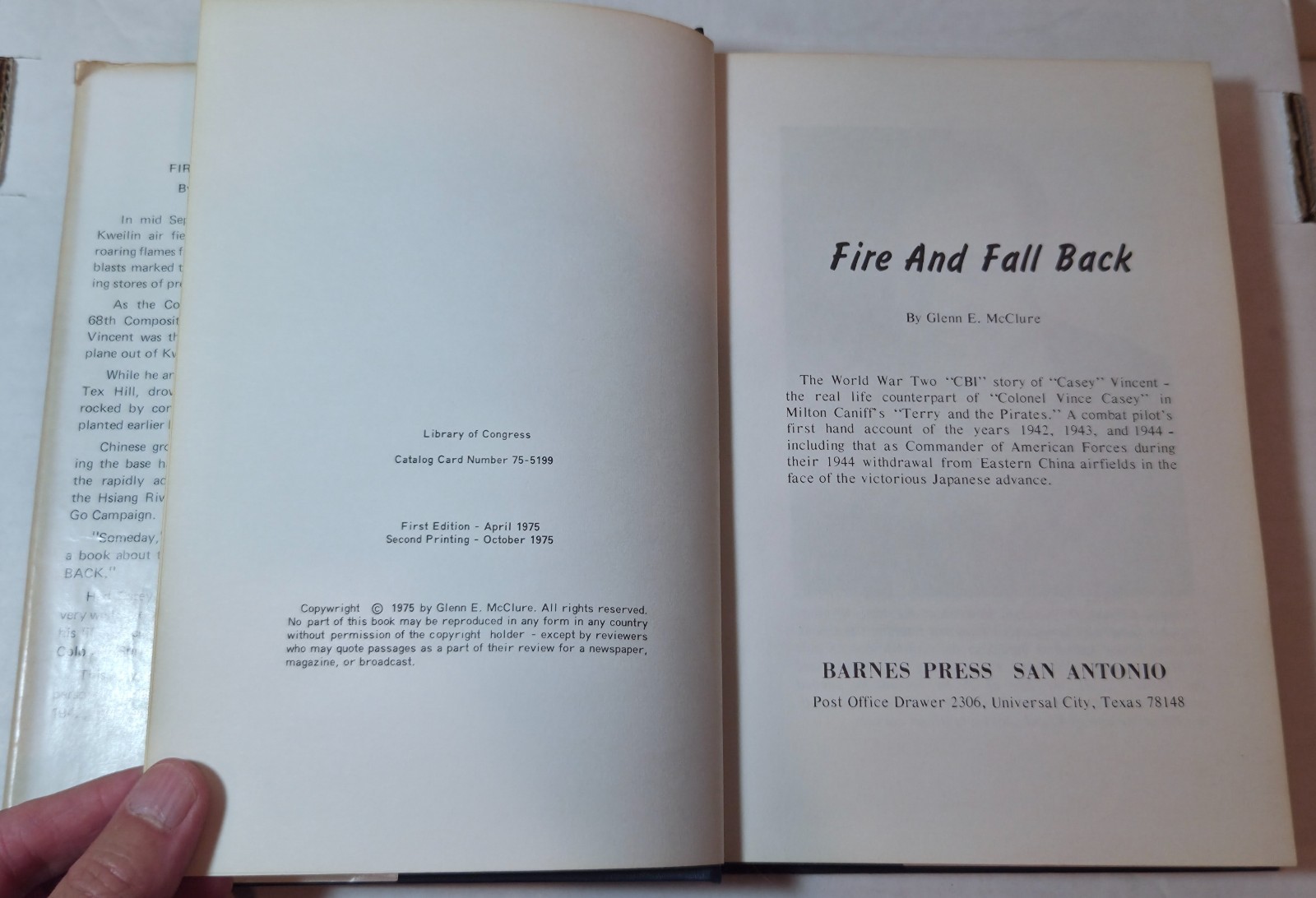 1975 “Fire and Fall Back” Casey Vincent WWII in China Burma India book