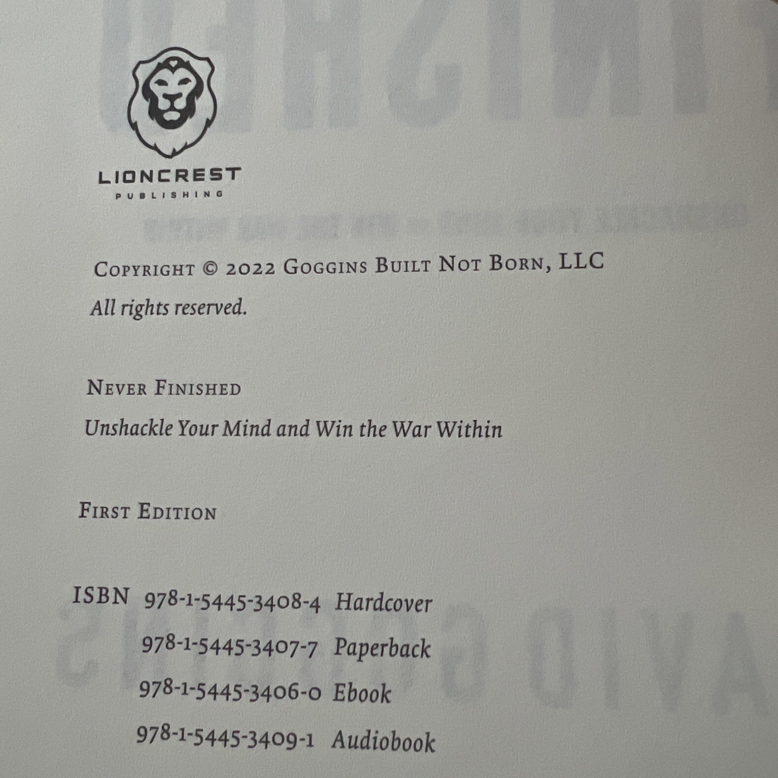 Never Finished Unshackle Your Mind and Win the War Within Book By David Goggins