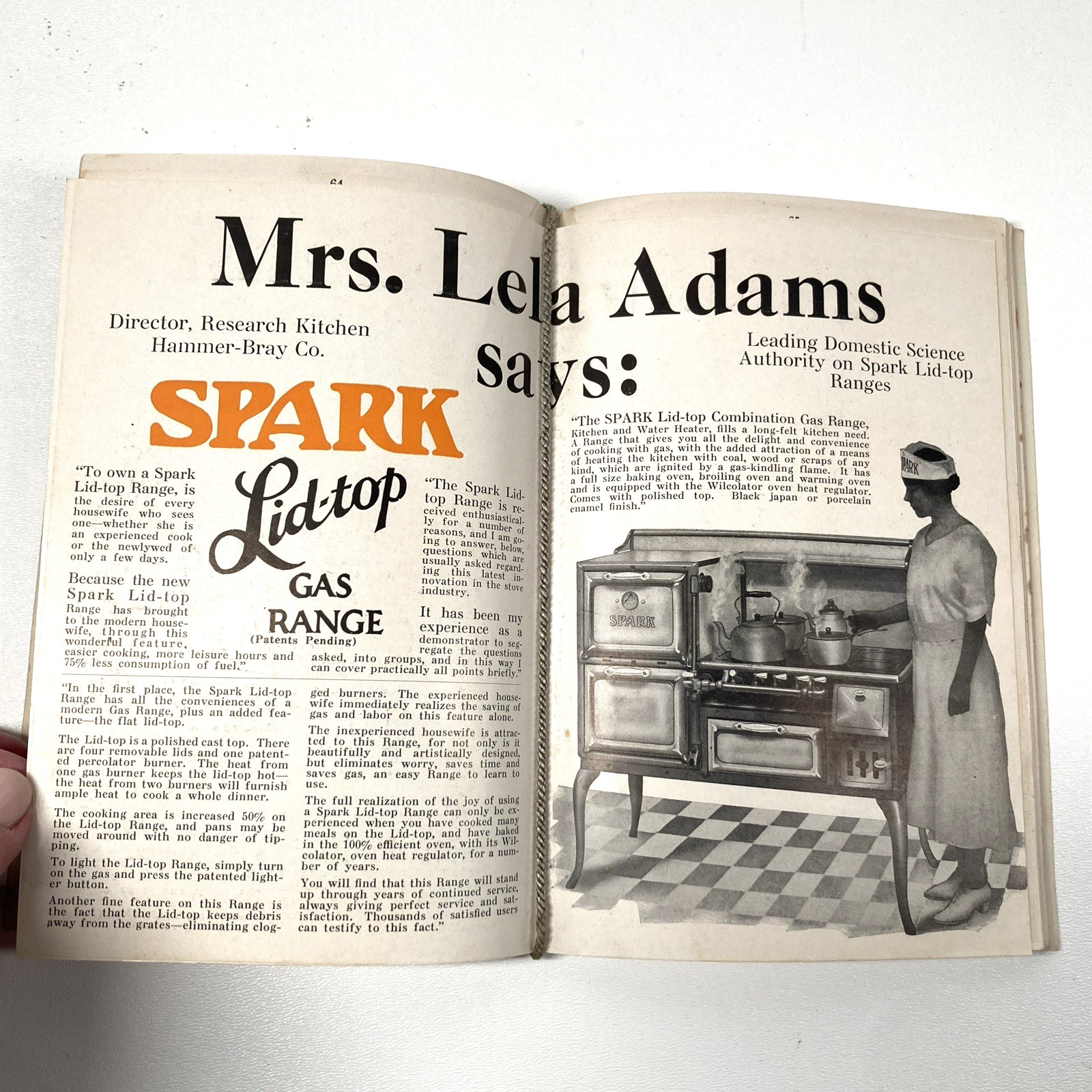 1924 Cookbook Spark Lid-top Gas Range by Leila Adams 128 Pages – Pristine Inside