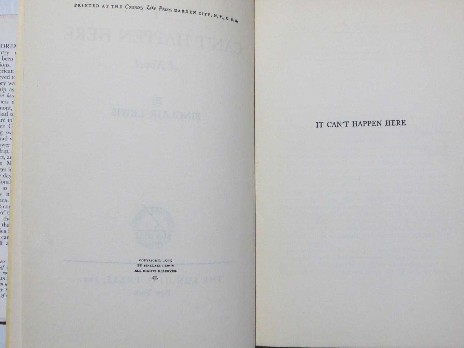 It Can’t Happen Here by Sinclair Lewis First Edition 1935 Sun Dial Press K4