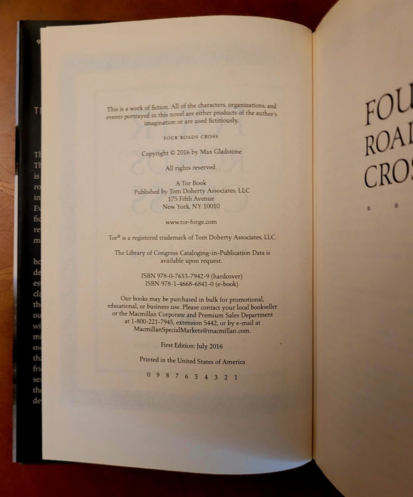 Max Gladstone. Four Roads Cross, first edition, 2016, 416 pages, new.
