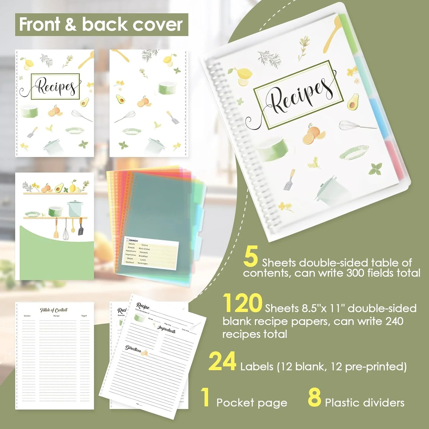 8.5″ x 11″ Recipe Book to Write in Your Own Recipes, Personal Blank Recipe Noteb