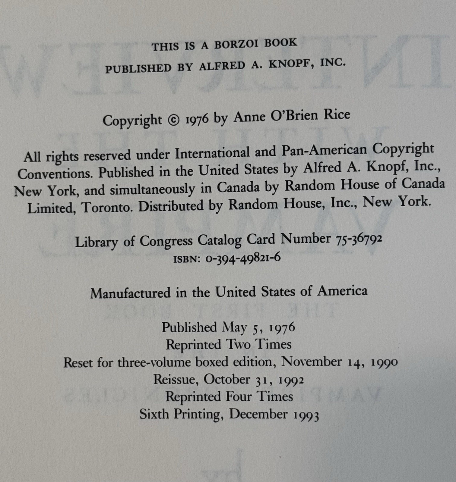 INTERVIEW WITH THE VAMPIRE Anne Rice 1993 1st edition 6th printing HC/DJ VG