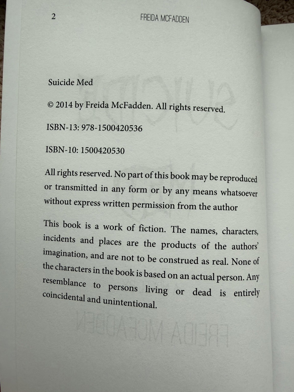 OUT OF PRINT Suicide Med by Freida McFadden – 2014
