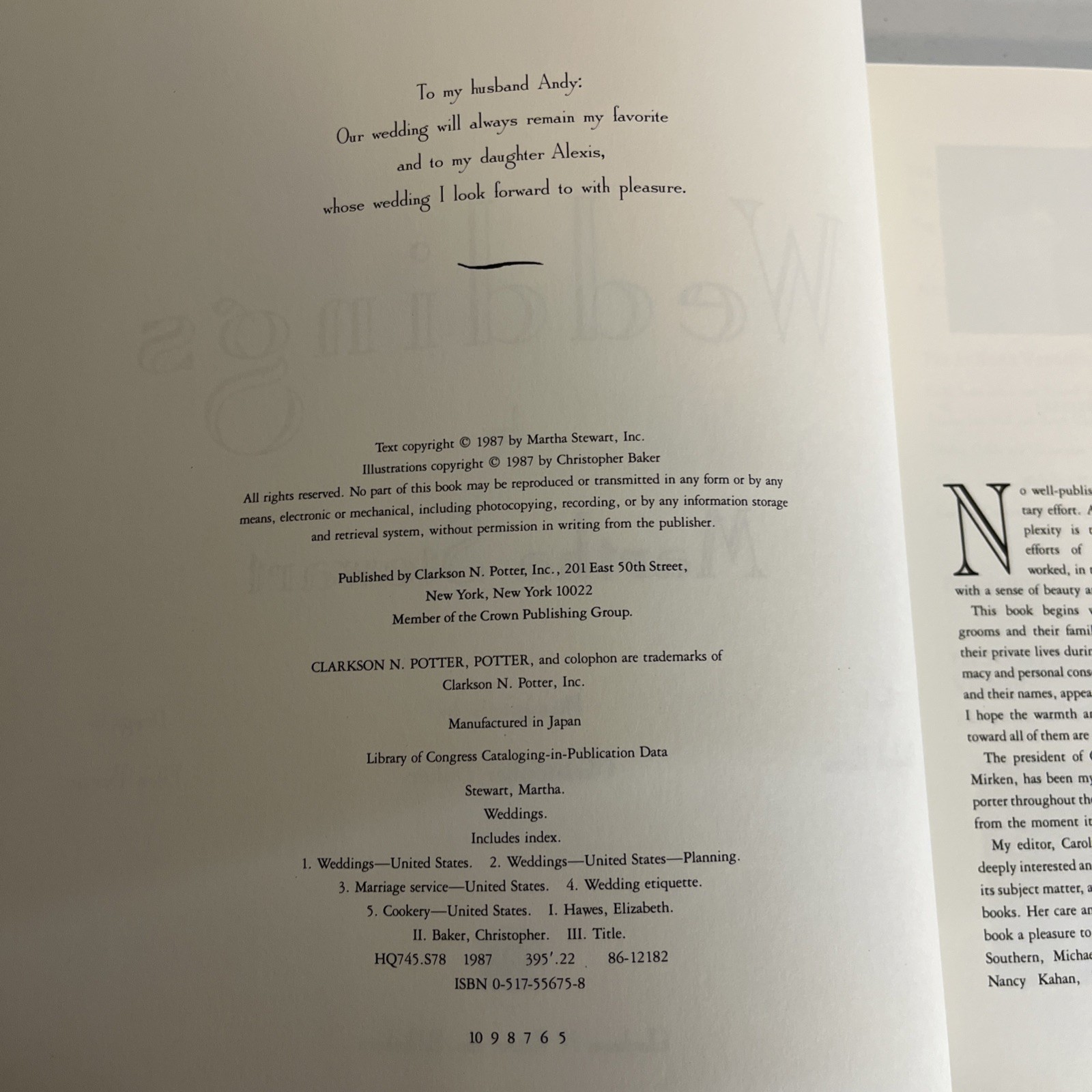 Weddings by Martha Stewart Hardcover 1987 First Edition Cakes Recipes Flowers