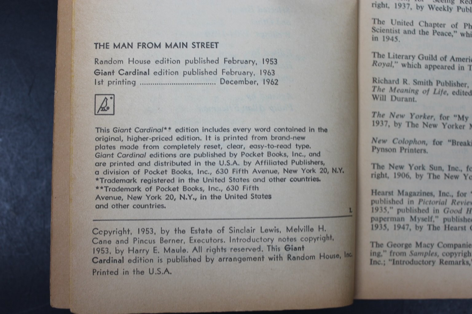 Sinclair Lewis Reader The Man from Main Street 1962 Giant Cardinal Essays PB