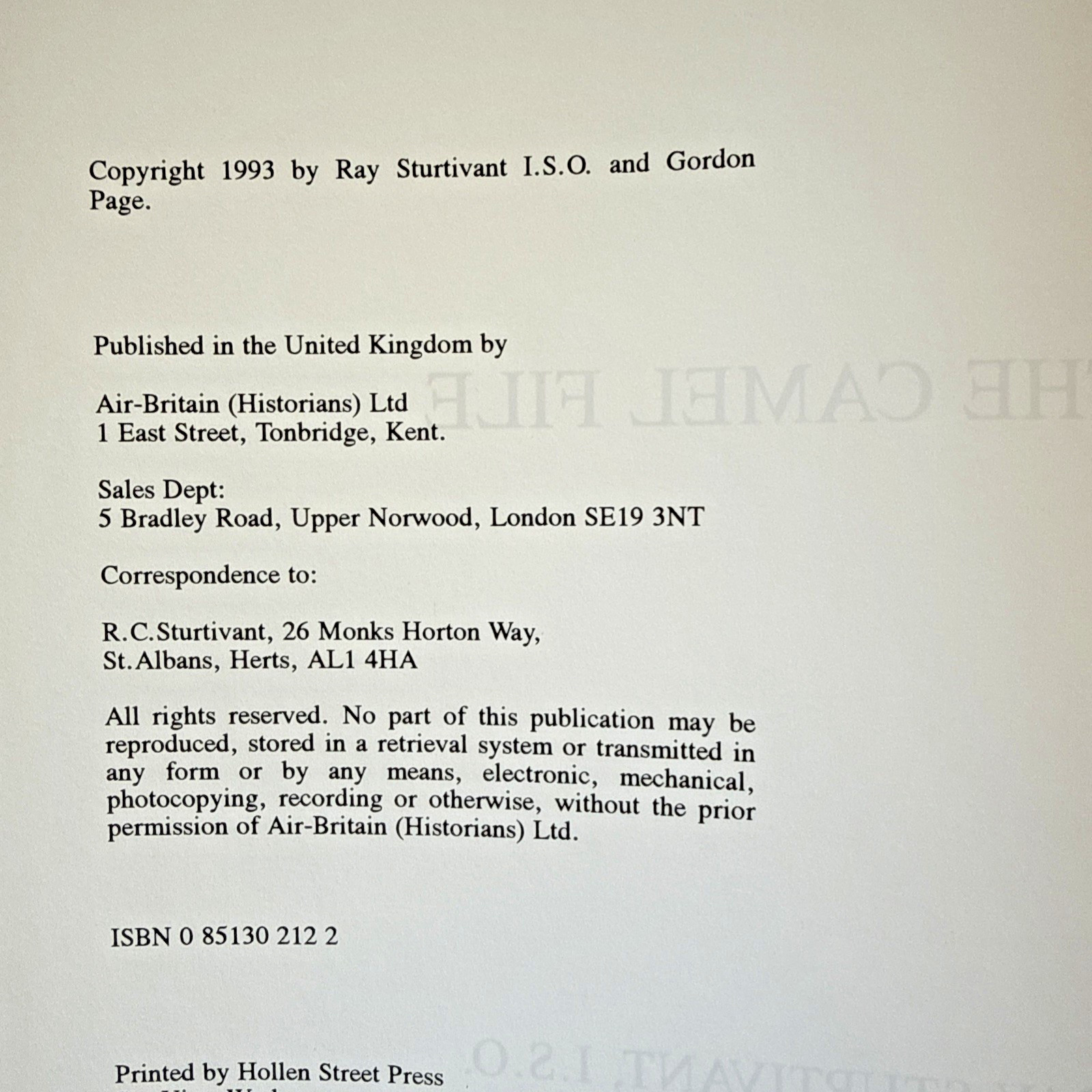 Sopwith Camel The Camel File Air Britain Publication Sturtivant & Page WWI 1993
