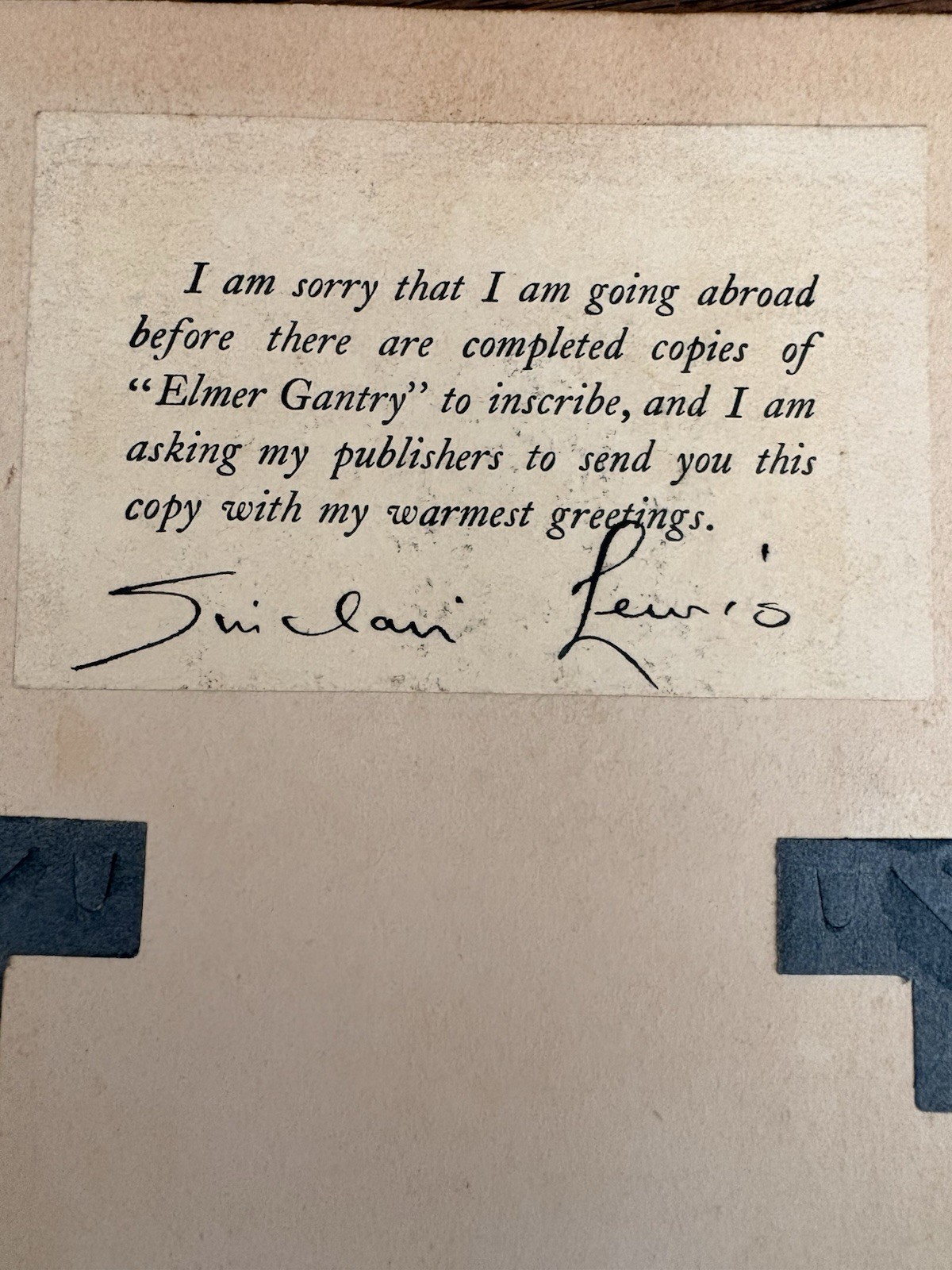 Sinclair Lewis Elmer Gantry Signed & Inscribed Hardcover Harcourt Brace 1927