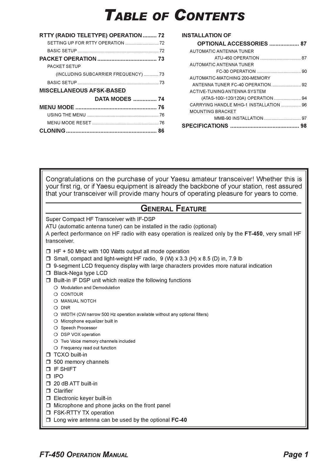 YAESU FT-450 Transceiver Operation Manual Operation Guide – TOUGH SPIRAL BINDING