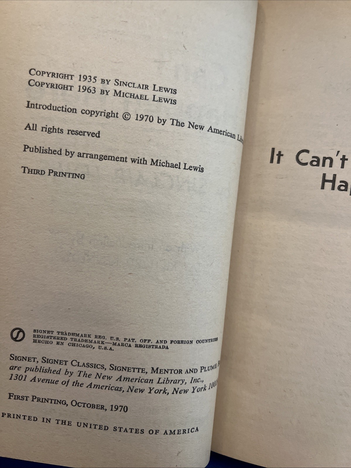 It Can’t Happen Here, by Sinclair Lewis Signet 1st PAPERBACK Printing 1970
