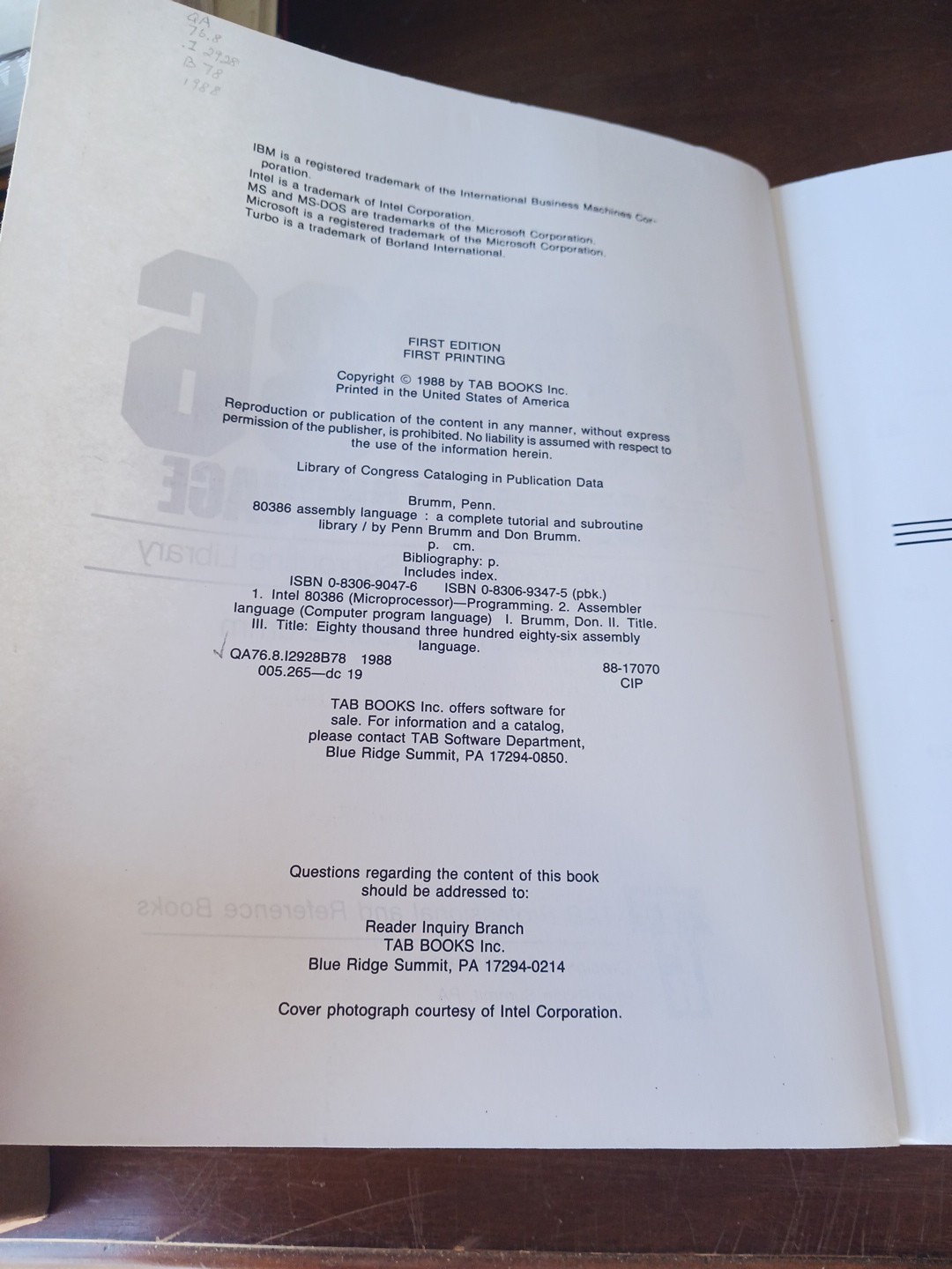 80386 ASSEMBLY LANGUAGE: A COMPLETE TUTORIAL AND By Penn Brumm – SC 1988 Vintage