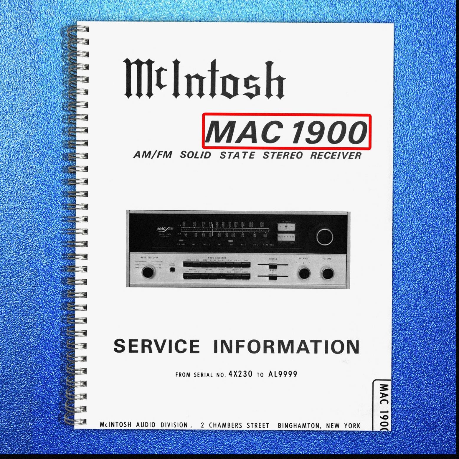 MCINTOSH MAC 1900 AM FM Stereo Receiver Service Information Manual – WIRE BIND