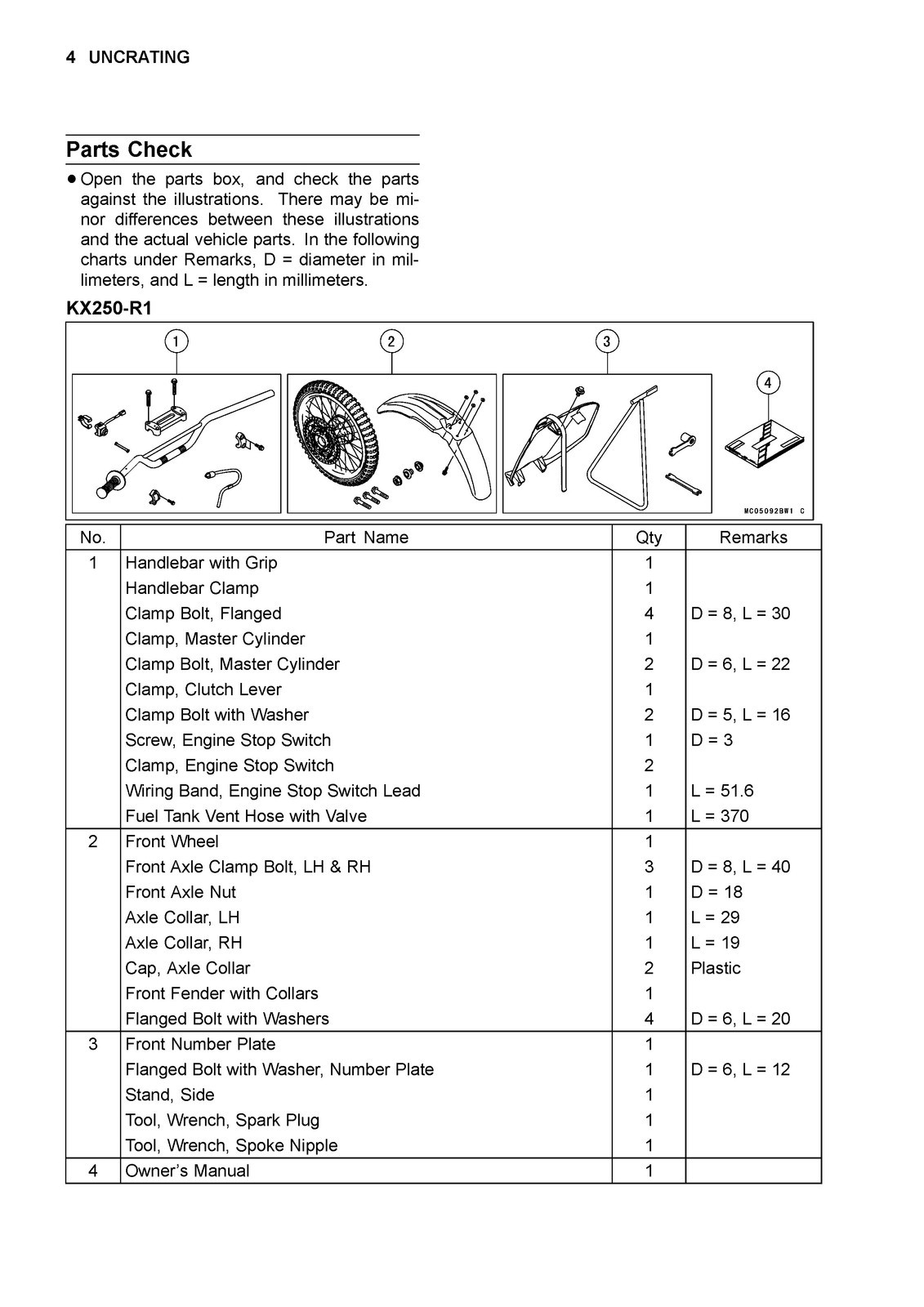 KAWASAKI KX250 Motorcycle Assembly Preparation Manual – SPIRAL BIND – COVERS