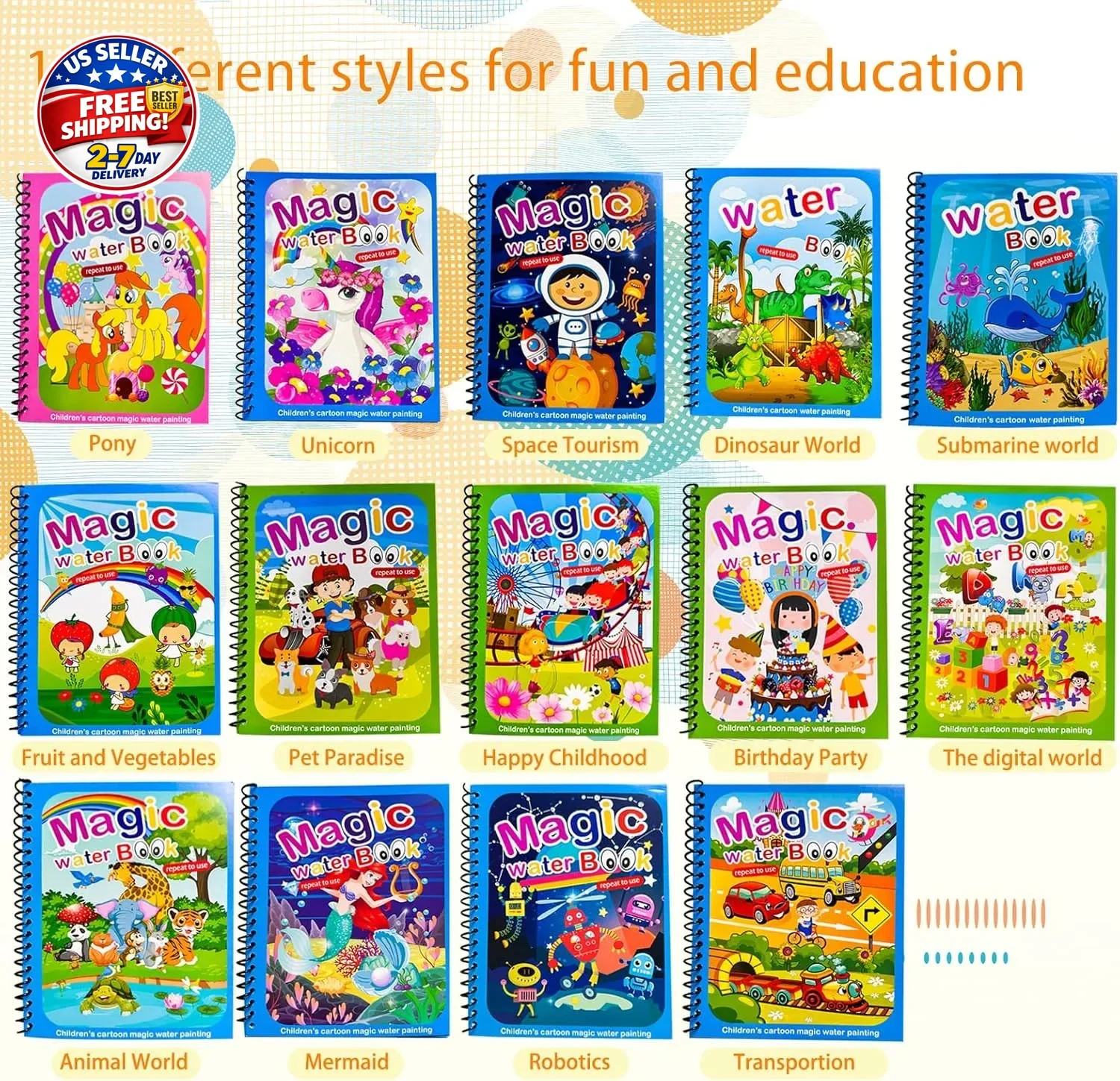14 Pack Water Coloring Books,Water Doodle Book Toys,Reusable Water Painting Book