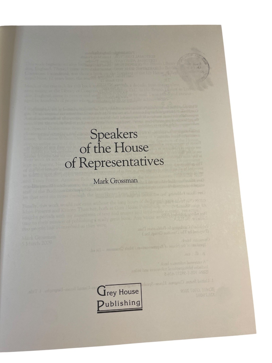 Speakers of House Reps 1789-2009 Mark Grossman First Ed Grey House Publishing