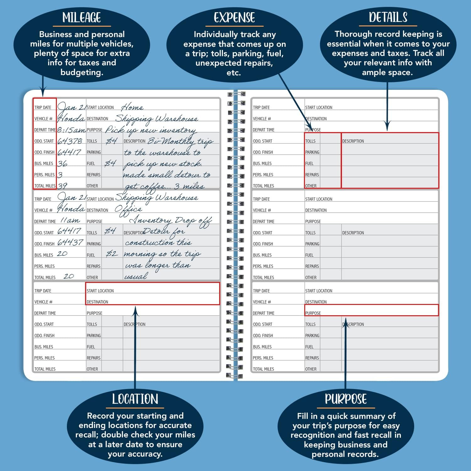 Auto Mileage Log Book Expense Record For Taxes 5×7 Wire O 126 Pages USA