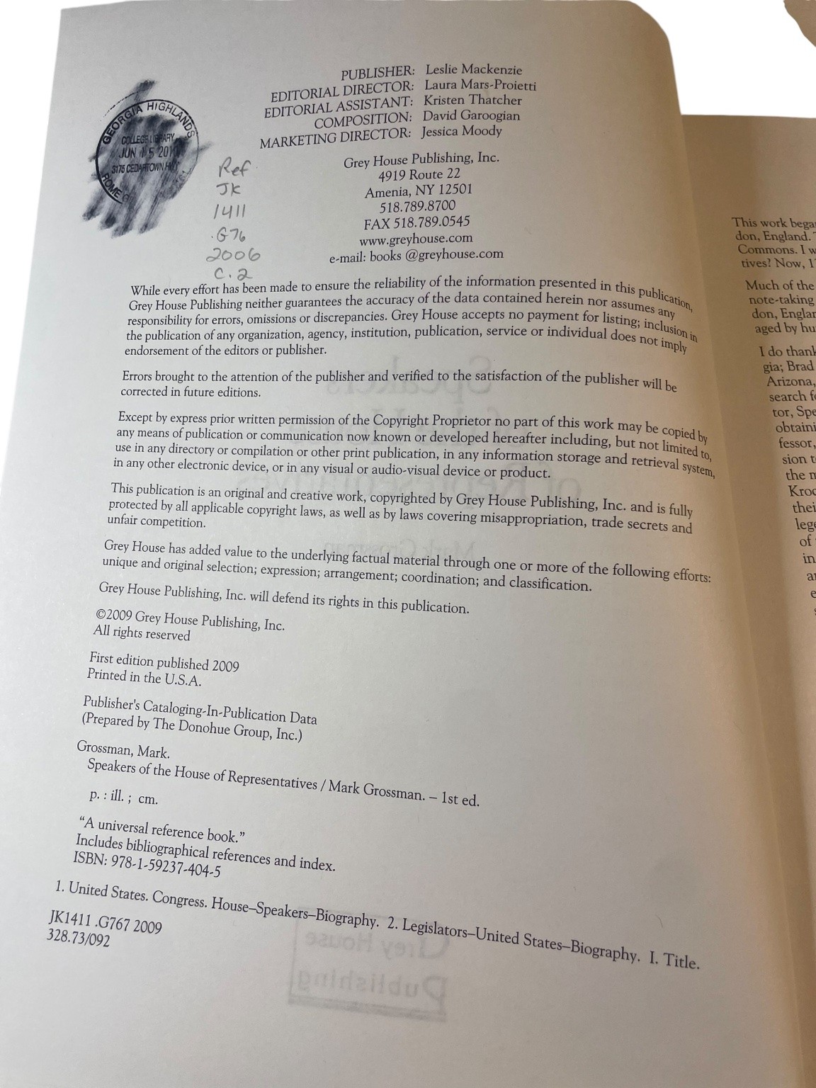 Speakers of House Reps 1789-2009 Mark Grossman First Ed Grey House Publishing