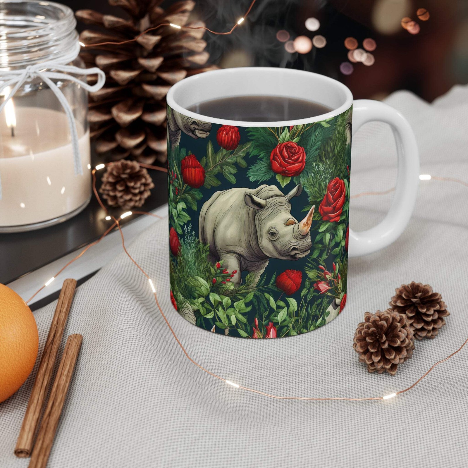 Floral Rhinoceros Coffee Mug | Two-Tone Rhino and Roses Mug – 11 oz.