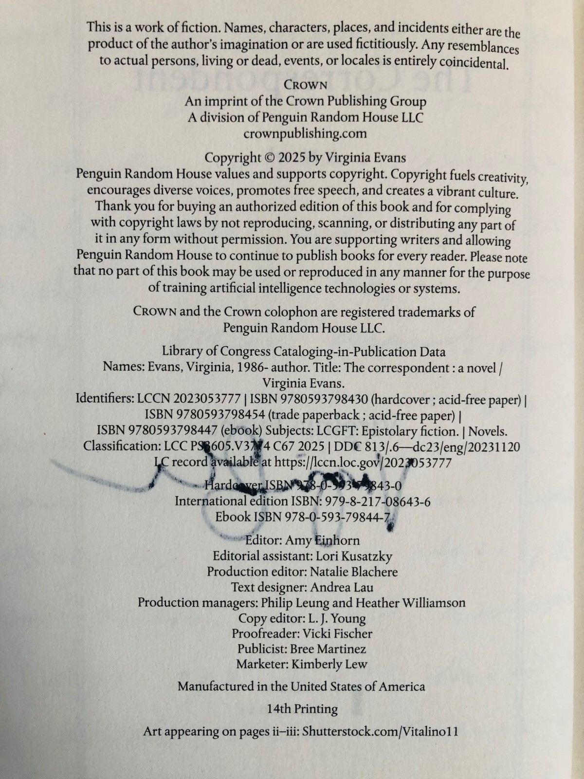 SIGNED The Correspondent: A Novel by Virginia Evans (2025, Hardcover)