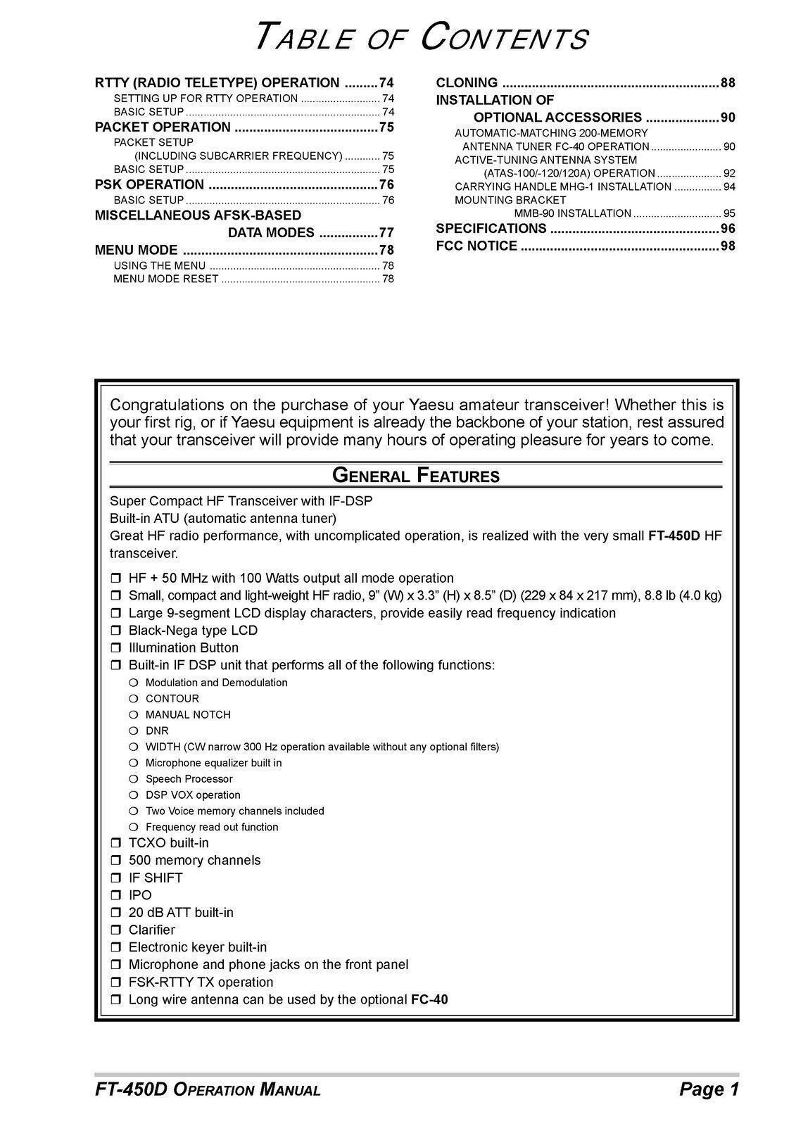 YAESU FT-450D Transceiver Operation Manual Operation Guide, TOUGH SPIRAL BINDING